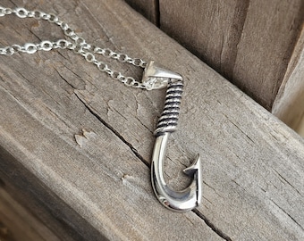 silver fish hook necklace, sterling silver fishing jewelry, fishing gift, nautical necklace, nautical jewelry, sideways fish hook