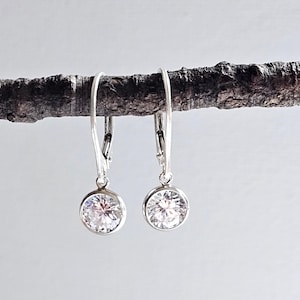 May include: A pair of silver leverback earrings featuring round, clear, faceted stones set in a simple bezel setting. The earrings hang from a dark, textured branch, showcasing the metallic silver finish and the reflective quality of the stones.