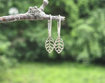 sterling silver leaf earrings, dainty lever back earrings, nature jewelry, gift for her