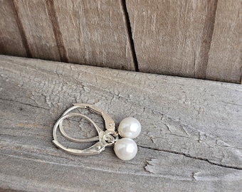 lever back tiny sterling silver pearl earrings, white pearl dainty earrings, June birthstone