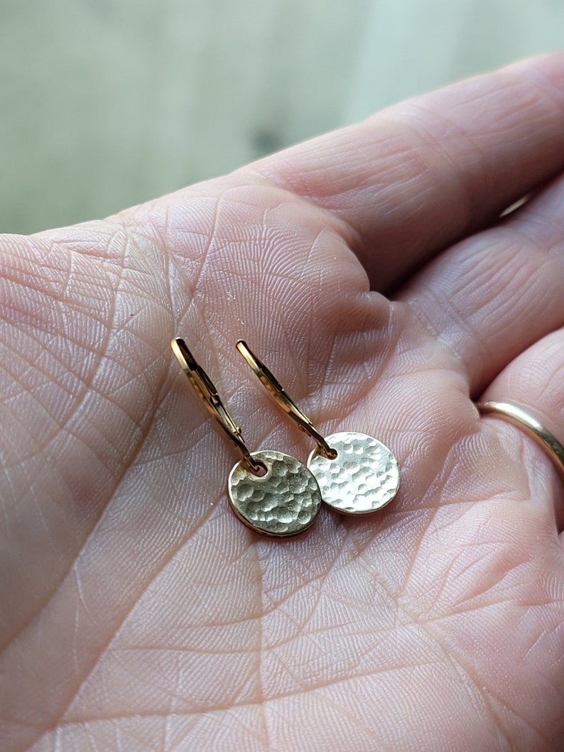 gold hammered disk earrings with lever back gold filled leverback dangle earrings minimalist gift for her gold drop earrings, gift for mom image 5