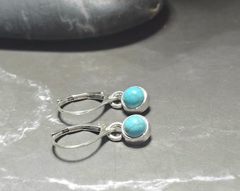 Tiny dangle round turquoise earrings with sterling silver lever back, dainty earrings, gifts for her