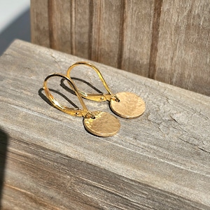 gold hammered disk earrings with lever back gold filled leverback dangle earrings minimalist gift for her gold drop earrings, gift for mom image 1