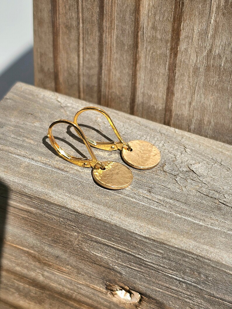 gold hammered disk earrings with lever back gold filled leverback dangle earrings minimalist gift for her gold drop earrings, gift for mom image 1