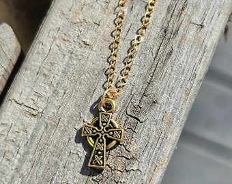 dainty gold Celtic cross necklace, gold filled chain, Irish jewelry