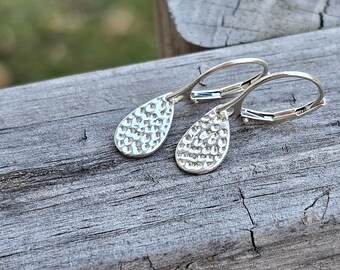 sterling silver lever back earrings, hammered teardrop earrings, dainty dangle earrings, minimal jewelry