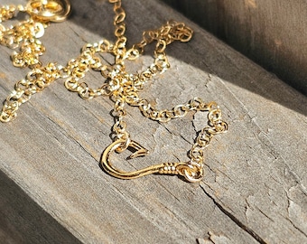 gold fish hook necklace on gold filled chain, minimalist necklace, sideways fish hook, fishing jewelry, nautical necklace