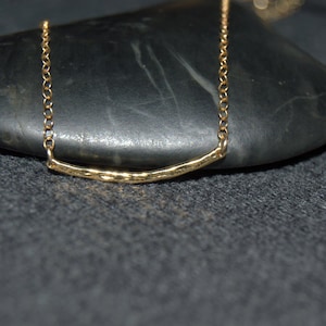 gold curved bar necklace, hammered horizontal bar, 14 k gold filled chain