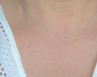 Dainty Sterling Silver Fish Hook Necklace: Minimalist Sideways Pendant