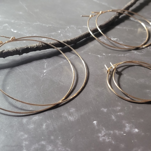 thin gold hoop earrings 14k gold filled hoops, 1.5", 2", 2.5", 3", gift for her,  large hoops hammered hoop earrings nickel free