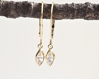 Tiny Cubic Zirconia Dangle Earrings • Marquise CZ Gold Lever Back Drop Earrings • Delicate Everyday Sparkle Jewelry, Gift For Her
