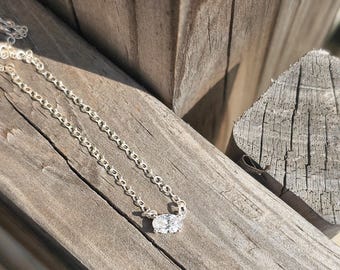 Dainty Sterling Silver Necklace: Oval Cubic Zirconia Pendant