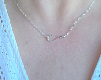 silver fish hook necklace, sterling silver fishing jewelry, fishing gift, nautical necklace, nautical jewelry, sideways fish hook