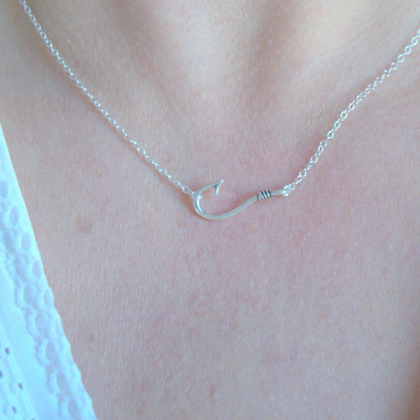 silver fish hook necklace, sterling silver fishing jewelry, fishing gift, nautical necklace, nautical jewelry, sideways fish hook
