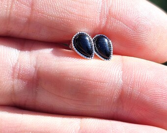 Black Onyx Stud Earrings, Sterling Silver Teardrop Post Earrings, Dainty Black Stone Studs 7 mm