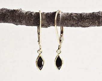 Tiny Black Cubic Zirconia Drop Earrings • Marquise CZ Gold Lever Back Dangle Earrings • Delicate Everyday Sparkle Jewelry, Gift For Her