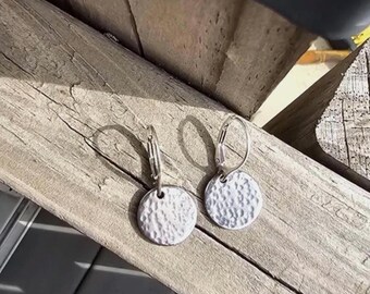 Dangle Hammered Circle Disc Earrings, Textured Coin Dangles on Sterling Silver Lever Backs, Birthday Gift for Her