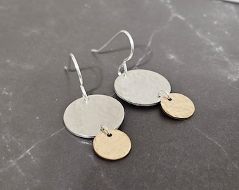 mixed metal dangle earrings, double disk earrings, sterling silver, 14k gold filled, two tone, silver and gold, circle earrings