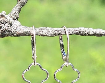 sterling silver clover earrings, open quatrefoil dangle earrings, lucky flower lever back earrings, silver minimalist jewelry, gift for her