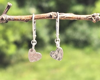 Hammered Sterling Silver Heart Earrings, Tiny Dainty Heart Dangle Earrings, Small Silver Drop Earrings with Leverback, Gift for Her
