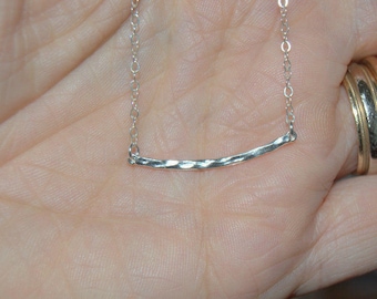 silver curved bar necklace, hammered bar necklace, sterling silver bar necklace, minimalist necklace, horizontal bar necklace