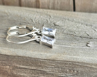 Minimalist CZ Dangle Earrings On Lever Backs, Elegant Baguette CZ Jewelry, Rectangle Diamond Earrings, Cubic Zirconia Earrings