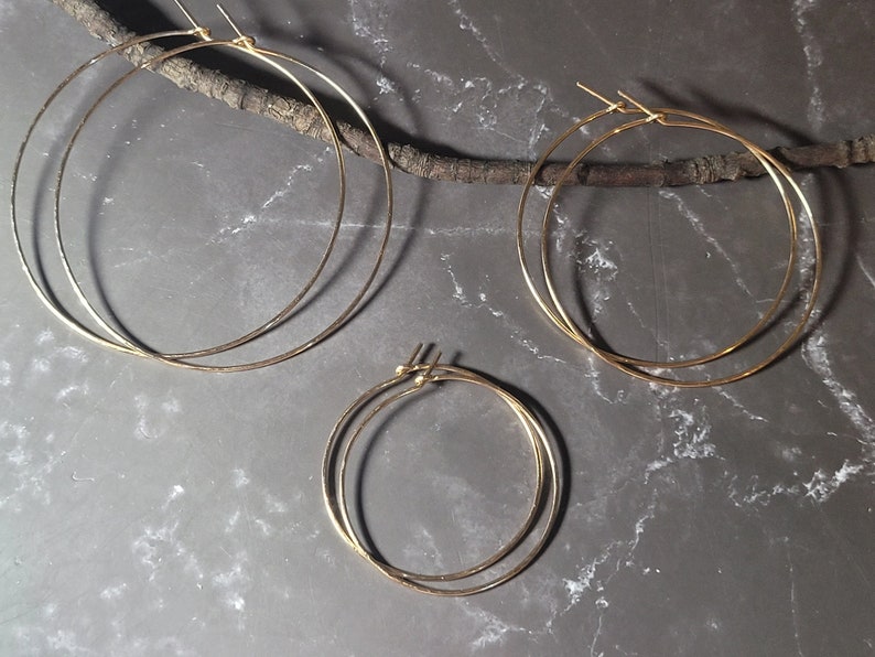 thin gold hoop earrings 14k gold filled hoops, 1.5, 2, 2.5, 3, gift for her, large hoops hammered hoop earrings nickel free image 3