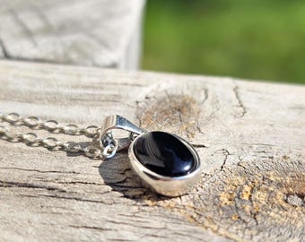 Black Onyx Necklace, Sterling Silver Oval Pendant, Dainty Black Stone Necklace for Women, Minimalist Gemstone Jewelry