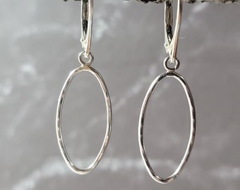 small sterling silver open teardrop earrings lever back minimalist jewelry, oval hoop earrings