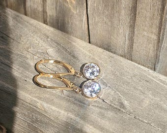 Gold Filled Cubic Zirconia Dangle Earrings: Round CZ Lever Backs