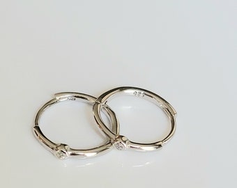 diamond  huggie earrings, sterling silver small hoop earrings, 12 mm, 15 mm