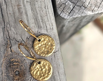 Gold Hammered Disc Earrings • Textured Coin Dangles on Gold Filled Lever Backs • Tarnish Free Stainless Steel Jewelry • Gift for Her