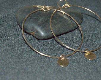 gold dangle hoop earrings, 14K gold filled, disk hoop earrings 2.5&quot;, 2&quot;, 1.5&quot;, minimalist earrings, drop hoop earrings, gold coin earrings