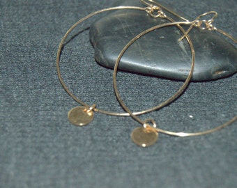 drop hoop earrings with charm, 14K gold filled dangle hoop, disk hoop earrings 2.5", 2", 1.5", minimalist earrings, gold coin earrings
