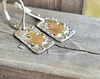 Mixed Metal Leaf Drop Earrings On Lever Backs -  Rectangle Drop Earrings - Elegant Gift for Her - Silver and Gold Dangle Earrings