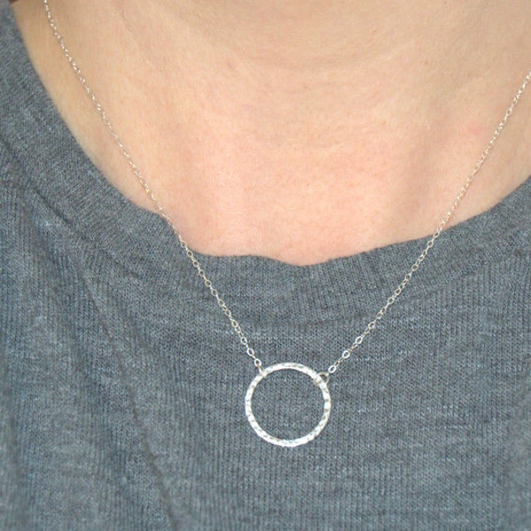 sterling silver circle necklace, gift for her, silver karma necklace, open circle necklace, hammered ring necklace, minimalist necklace