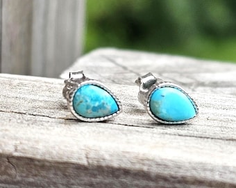 Teardrop Turquoise Stud Earrings Sterling Silver, Natural Turquoise Post Earrings, Dainty Blue Stone Studs,  December Birthstone