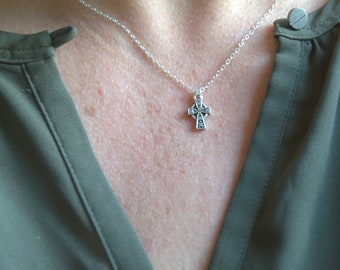 dainty silver Celtic cross necklace, sterling silver chain, Irish jewelry