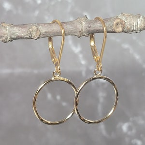 gold dangle hoop earrings, lever back earrings, gold filled dangles, small drop hoop earrings, small open circle earrings 15 mm gold circles