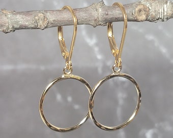 gold dangle hoop earrings, lever back earrings, gold filled dangles, small drop hoop earrings, small open circle earrings 15 mm gold circles