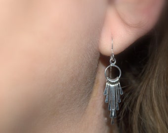 dainty sterling silver tassel earrings, fringe earrings, tiny silver dangle earrings, paddle earrings, everyday earrings, minimal earrings