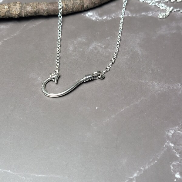 Sterling Silver Fish Hook Necklace - Elegant Nautical Jewelry Gift - Unique Nautical Necklace - Sideways Fish Hook Pendant - Fishing Gift