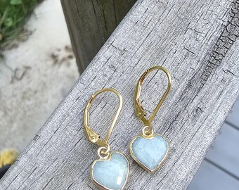 Aquamarine dangle heart earrings, dainty gold lever back earrings, tiny gemstone earrings, blue small heart earrings