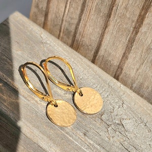 gold hammered disk earrings with lever back gold filled leverback dangle earrings minimalist gift for her gold drop earrings, gift for mom image 7
