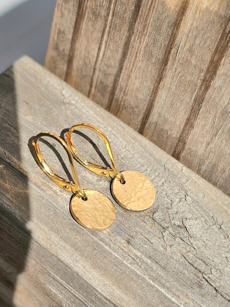 gold hammered disk earrings with lever back gold filled leverback dangle earrings minimalist gift for her gold drop earrings, gift for mom image 7