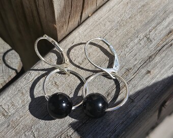 black onyx lever back earrings, sterling silver small dangle hoop earrings, black bead drop earrings, gift for mom, mother's day gift