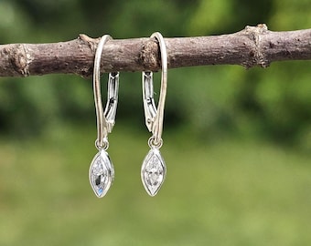 Sterling Silver Tiny Cubic Zirconia Drop Earrings • Marquise CZ Lever Back Dangle Earrings • Delicate Everyday Sparkle Jewelry, Gift For Her