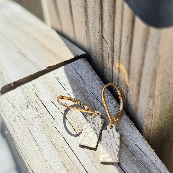 gold hammered rectangle bar earrings with lever back gold filled leverback dangle earrings minimalist gift for her gold drop earrings