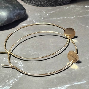 gold hoop earrings with charm  2", 2.5", 3" coin hoop earrings, gold filled classic hoops, minimal earrings, hoops with dangle disk