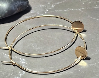 gold hoop earrings with charm  2", 2.5", 3" coin hoop earrings, gold filled classic hoops, minimal earrings, hoops with dangle disk